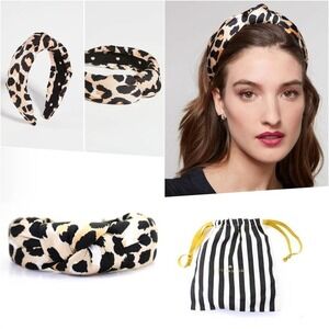Lele Sadoughi Leopard Silk Knotted Headband Gold Logo NWT
